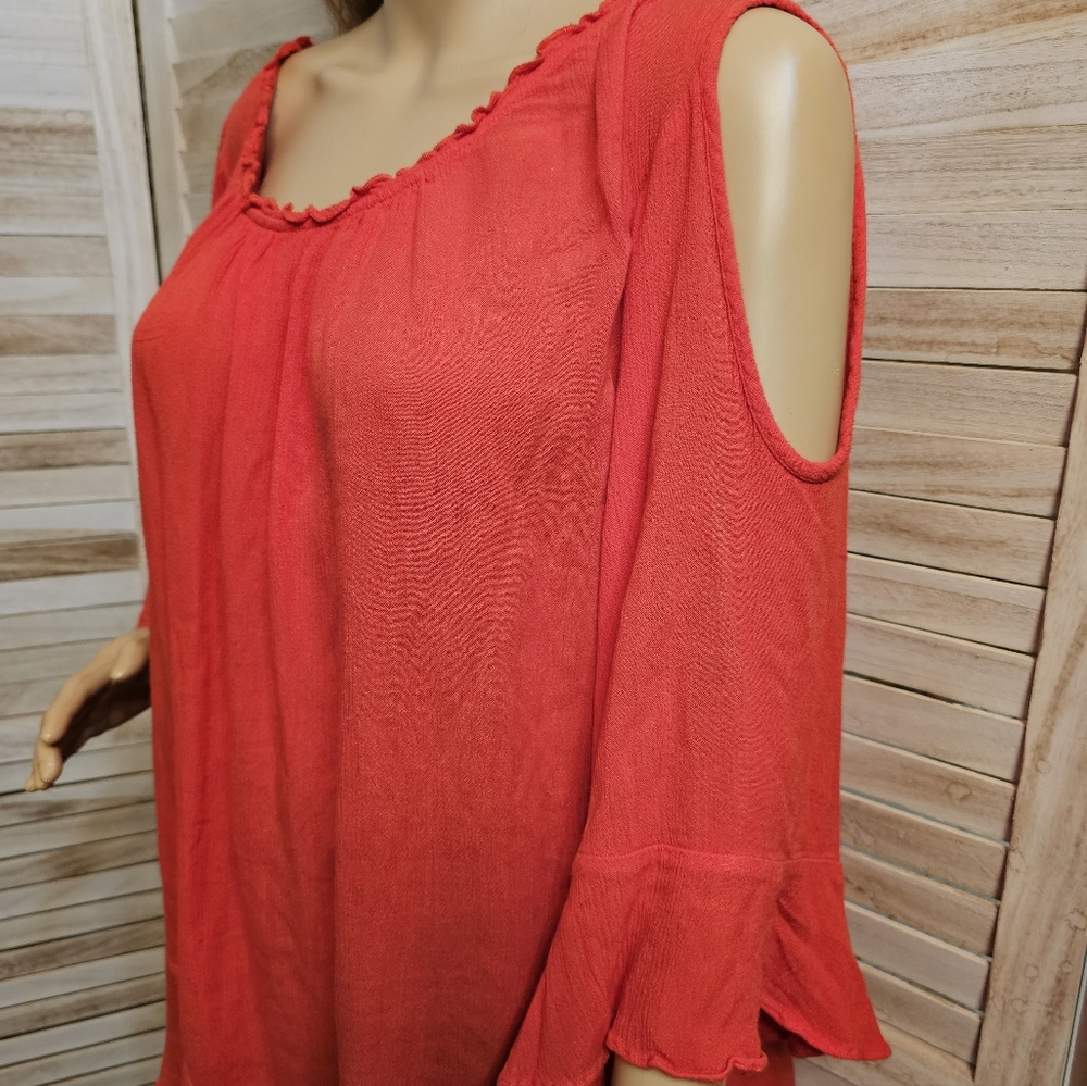 Chico's Coral Cold Shoulder, Bell Sleeve Top, Blouse, Reg.